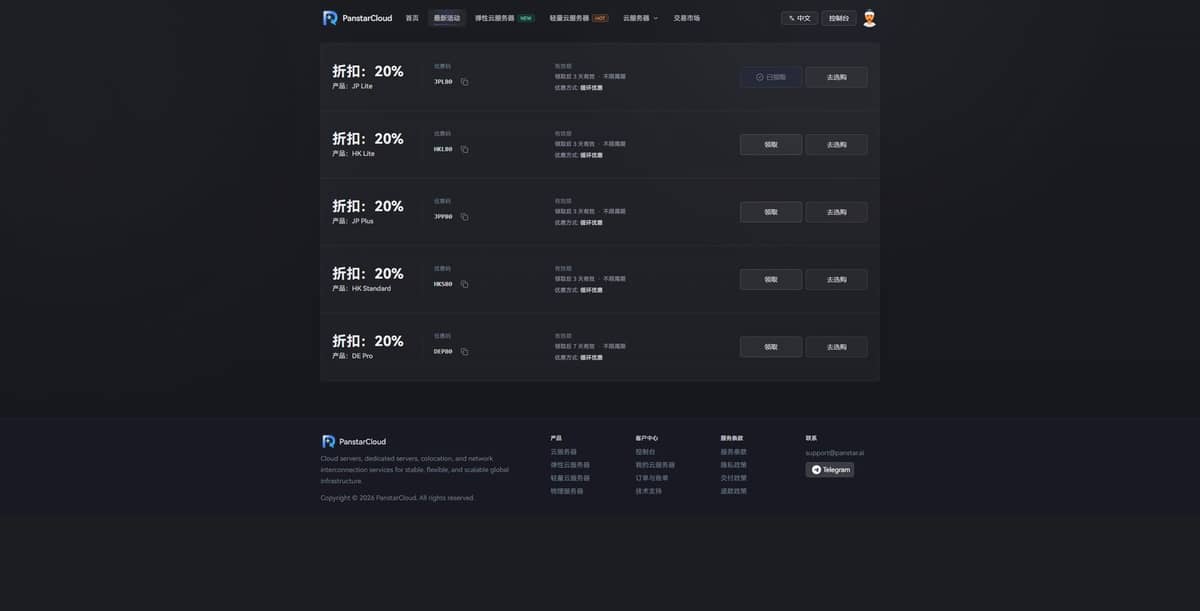 PanstarCloud 最新 VPS 优惠活动来了，日本、香港和德国多款套餐可领取循环八折优惠券，覆盖 JP Lit…