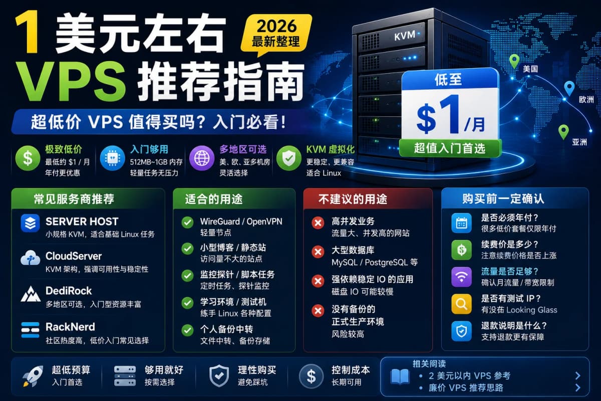 预算只有 1 美元左右，还能买到 VPS 吗？其实可以，不过这个价位的 VPS 更多属于超低价入门方案，适合学习 Li…