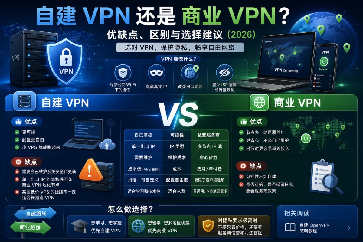 很多人在选择 VPN 时都会遇到一个问题：到底是自己搭建 VPN，还是直接购买商业 VPN 更合适？其实，这两种方案并…