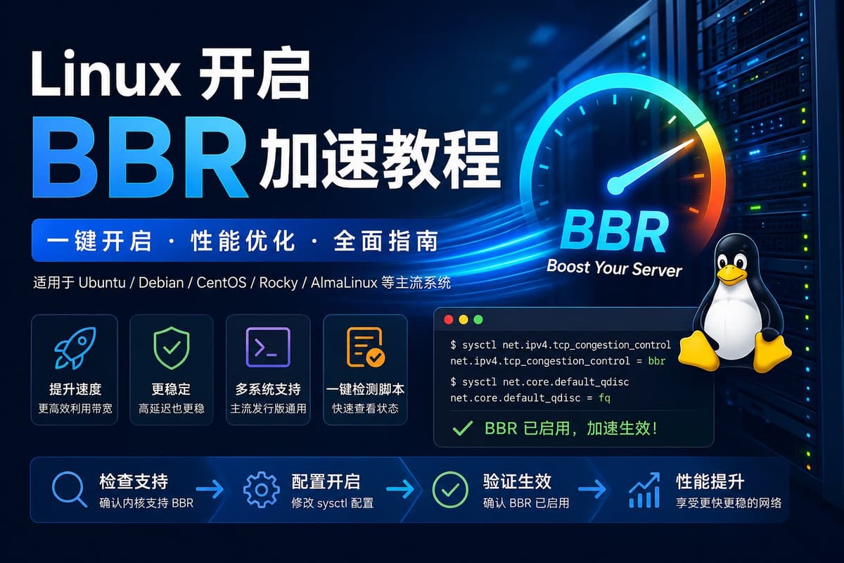 Linux 服务器怎么开启 BBR？这篇教程从零开始介绍 BBR 的作用、适用场景以及开启条件，包含 Ubuntu、D…