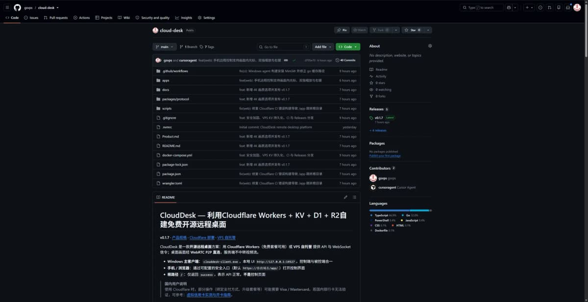如果你想搭建一个属于自己的远程桌面平台,又不想购买中继服务器,GsDesk 提供了一套基于 Cloudflare Wo…
