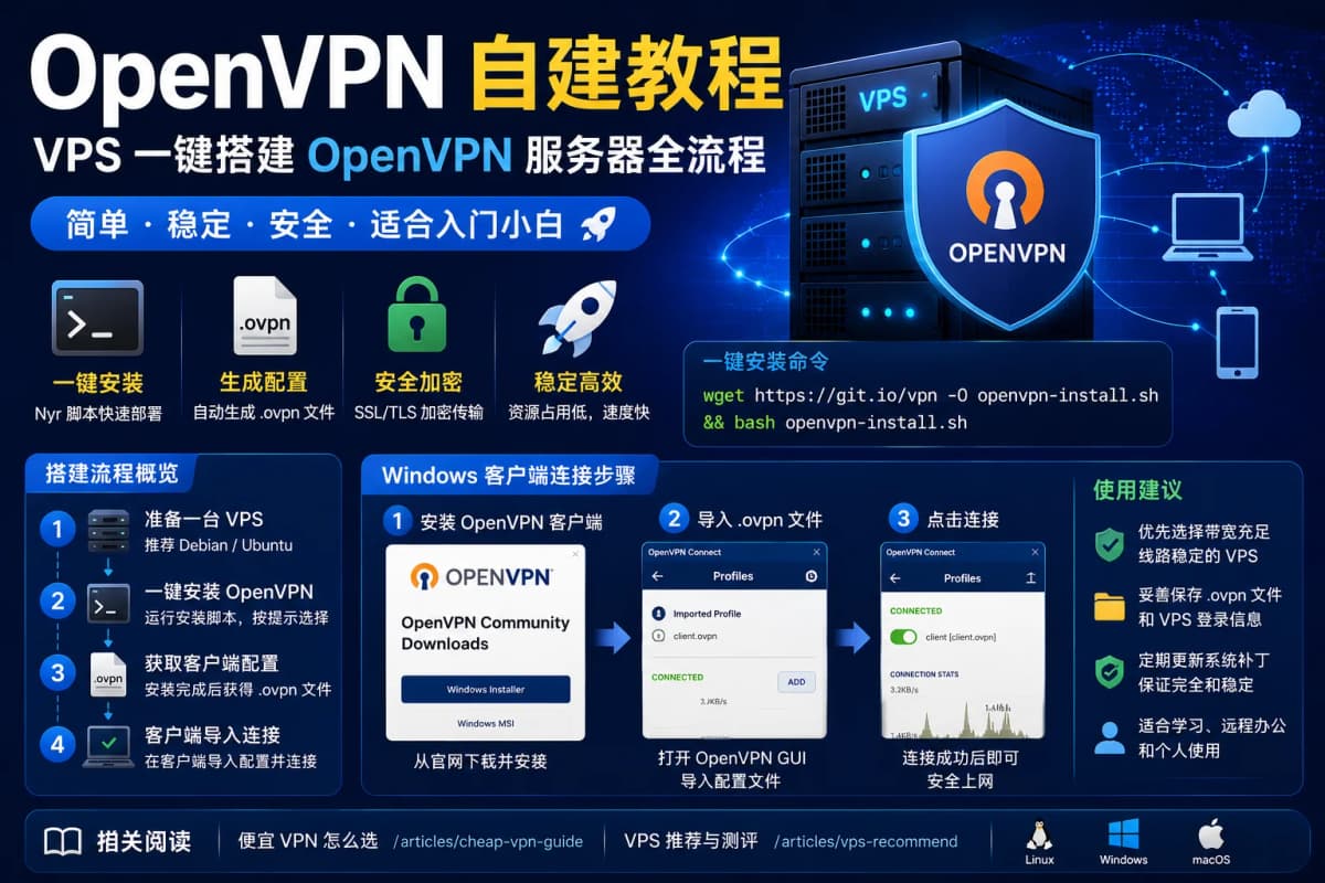 想自己搭建一个 OpenVPN,其实没有想象中那么复杂。只要准备一台 Debian 或 Ubuntu VPS,几分钟就…
