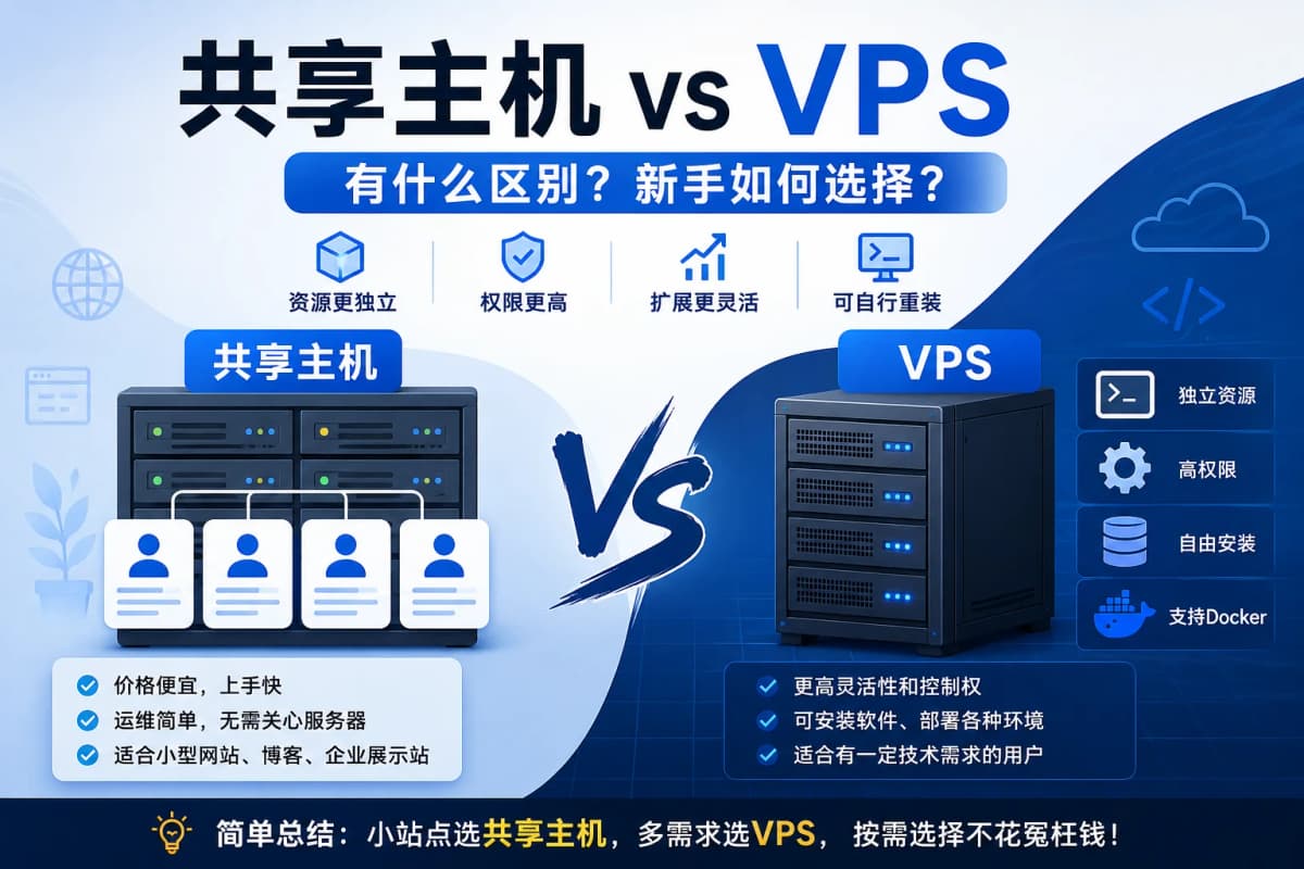 很多刚接触建站的朋友都会遇到一个问题:共享主机和 VPS 到底有什么区别?是不是 VPS 一定比共享主机更好? 其实并…