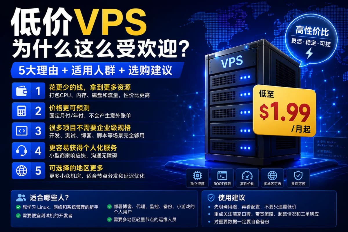 很多人一开始都会觉得,几十块钱一年甚至几美元一个月的 VPS,是不是不靠谱?其实并不一定。低价 VPS 最大的优势不是…