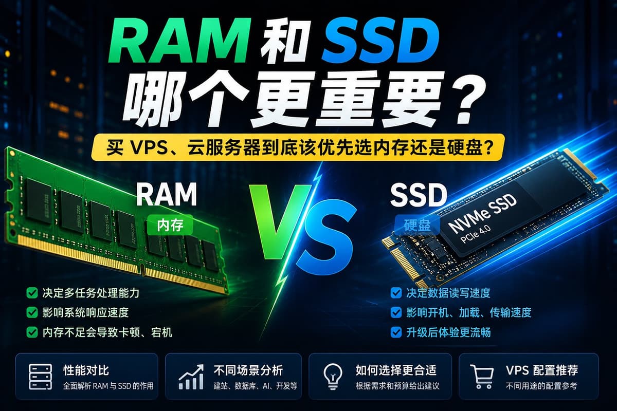 买 VPS 或云服务器时,很多人都会纠结:预算有限,到底应该优先升级 RAM(内存) 还是 SSD(硬盘)?这篇文章用…