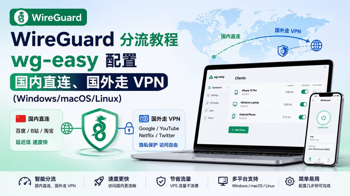 WireGuard 分流教程:wg-easy 配置国内直连、国外走 VPN(Windows/macOS/Linux)