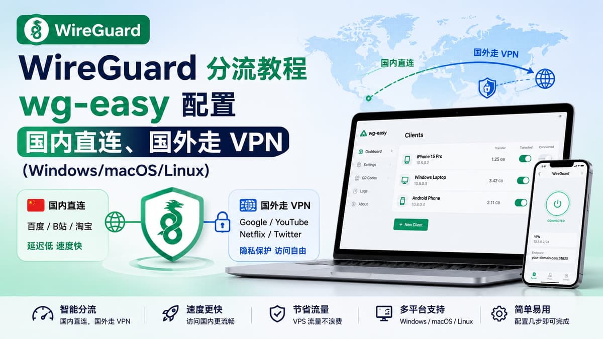 WireGuard 分流教程:wg-easy 配置国内直连、国外走 VPN(Windows/macOS/Linux)