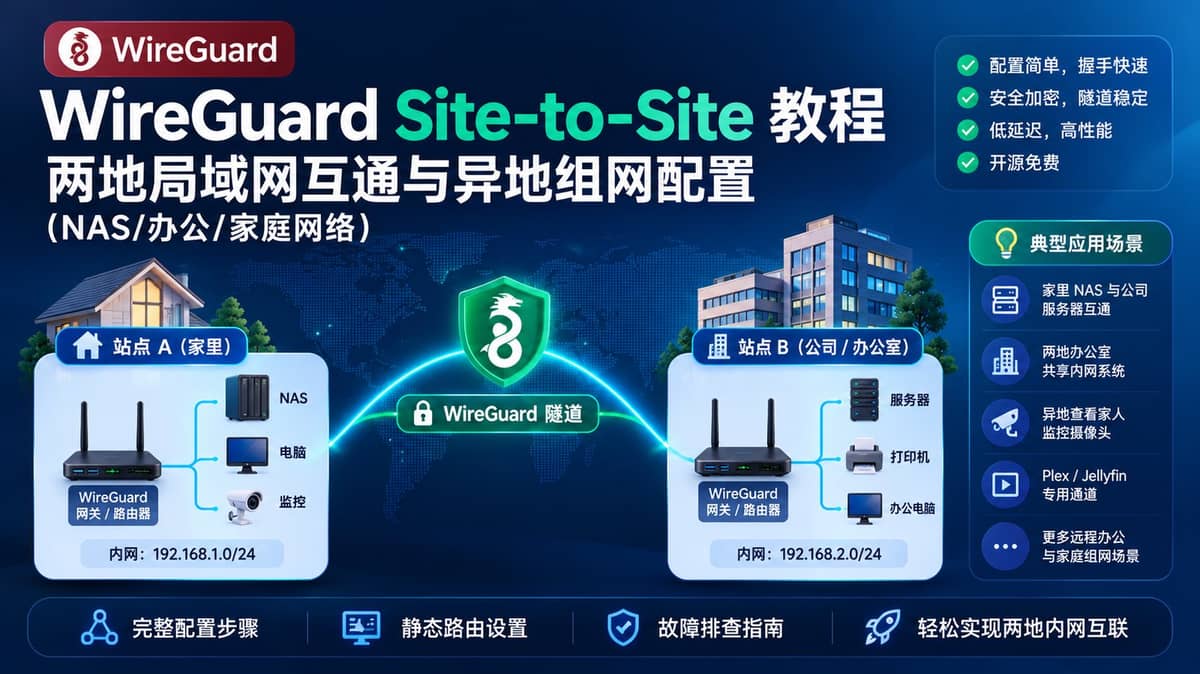 WireGuard Site-to-Site 教程:两地局域网互通与异地组网配置(NAS/办公/家庭网络)