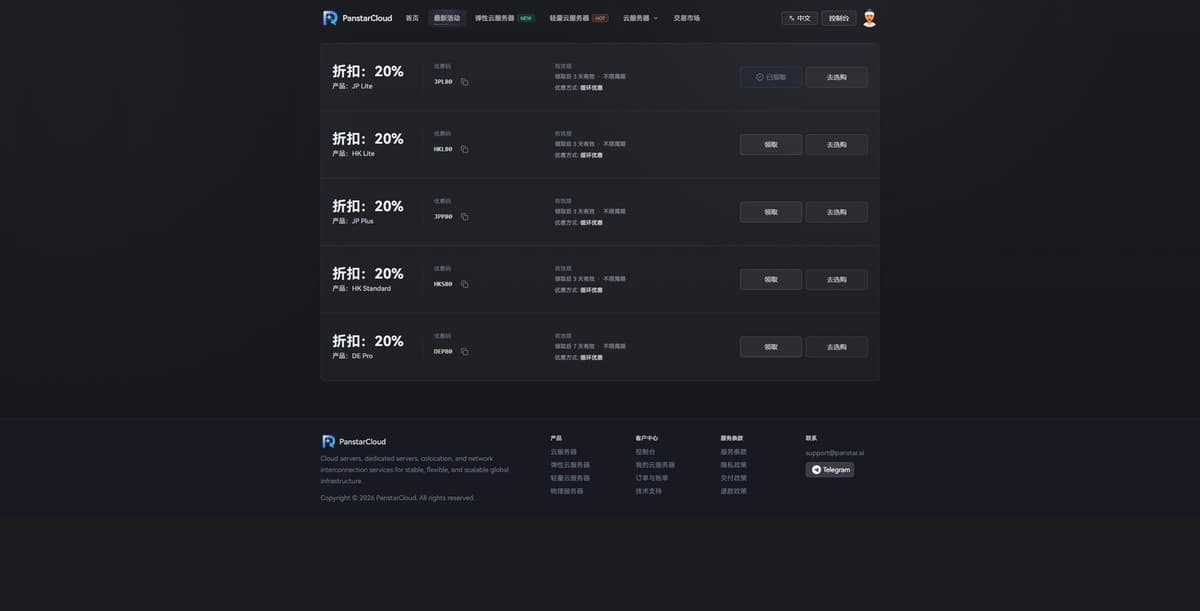 PanstarCloud 最新 VPS 优惠活动来了,日本、香港和德国多款套餐可领取循环八折优惠券,覆盖 JP Lit…
