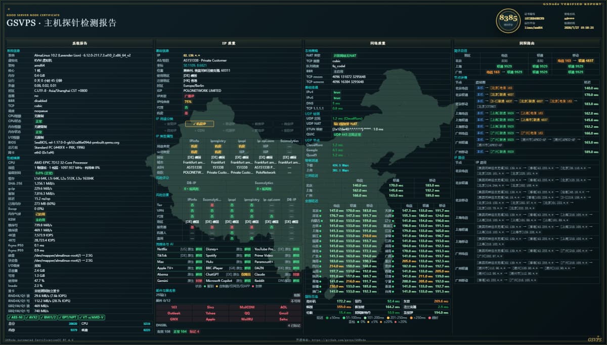 PanstarCloud 德国法兰克福 VPS 测评,实测联通9929回程、三网延迟、IP纯净度、16/18流媒体解锁…