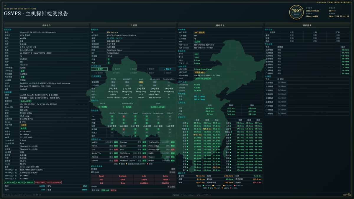DigitalVirt 香港 Plus VPS 测评:原生香港 IP、三网低延迟、流媒体解锁表现如何?